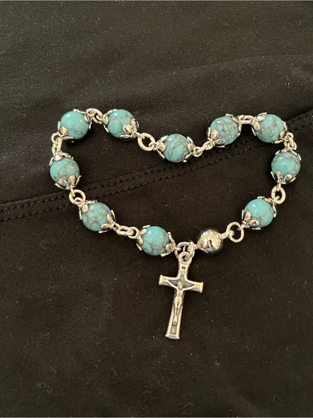 Turquoise Bead Rosary Bracelet with Silver tone Cross Charm